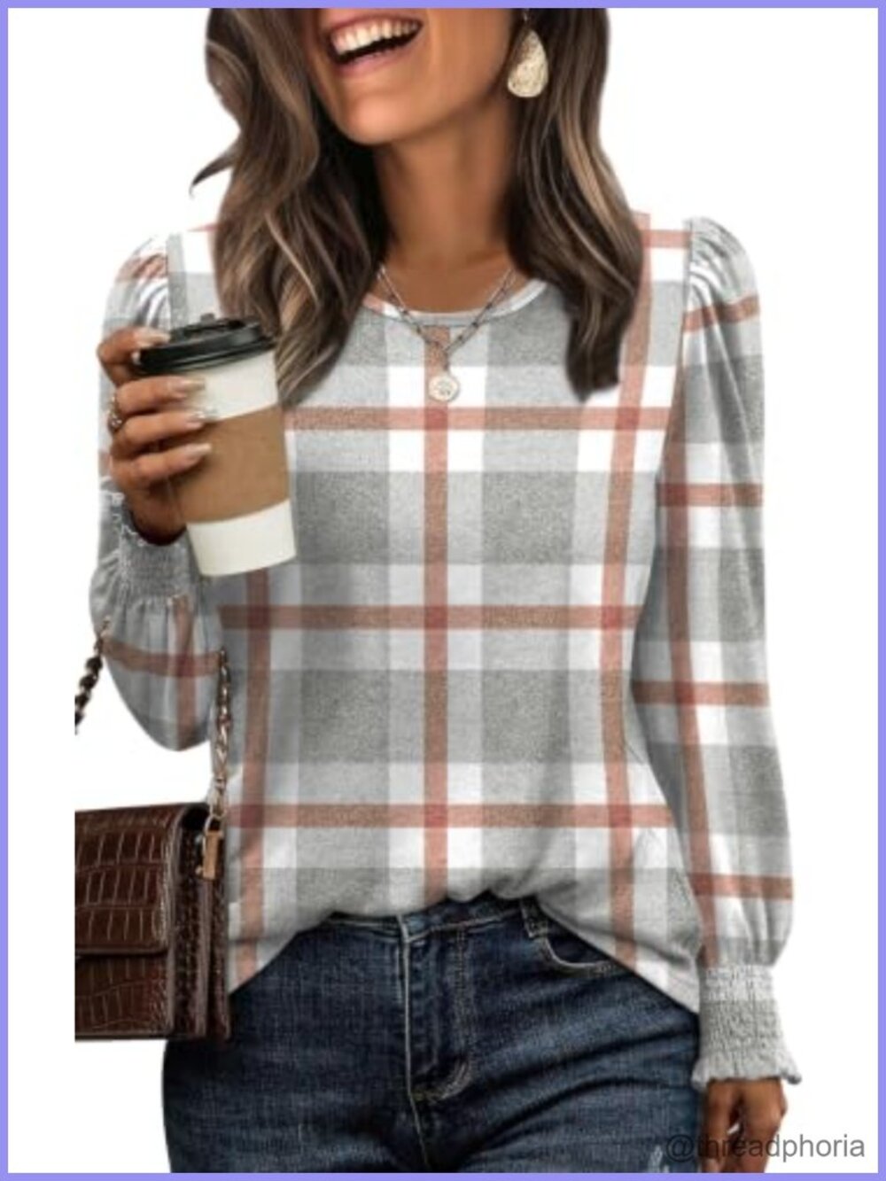 Womens Long Sleeve Puff Sleeve Tunic Blouse Smocked Cuffs Crew Neck Plaid